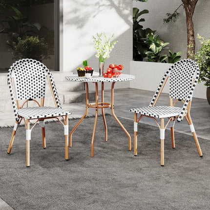3 Piece French Bistro Table Chair Set with Outdoor Wicker Round Table and 2 Dining Chairs - White - Patio Dining Sets