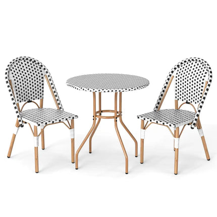 3 Piece French Bistro Table Chair Set with Outdoor Wicker Round Table and 2 Dining Chairs - White - Patio Dining Sets