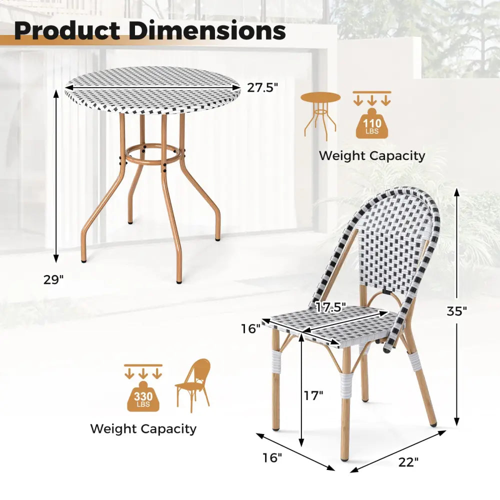 3 Piece French Bistro Table Chair Set with Outdoor Wicker Round Table and 2 Dining Chairs - White - Patio Dining Sets