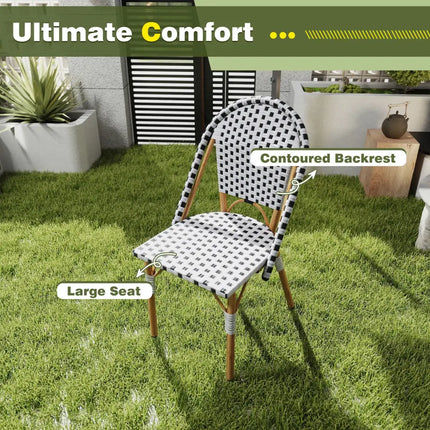 3 Piece French Bistro Table Chair Set with Outdoor Wicker Round Table and 2 Dining Chairs - White - Patio Dining Sets