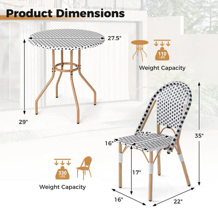 3 Piece French Bistro Table Chair Set with Outdoor Wicker Round Table and 2 Dining Chairs - White - Patio Dining Sets