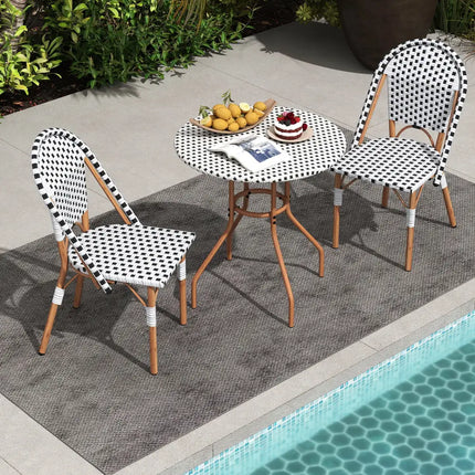 3 Piece French Bistro Table Chair Set with Outdoor Wicker Round Table and 2 Dining Chairs - White - Patio Dining Sets
