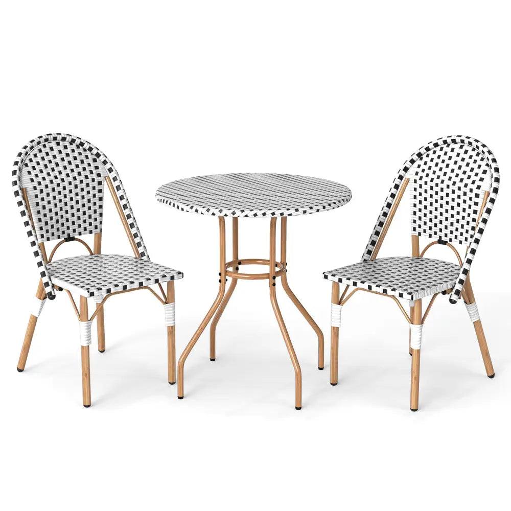 3 Piece French Bistro Table Chair Set with Outdoor Wicker Round Table and 2 Dining Chairs - White - Patio Dining Sets