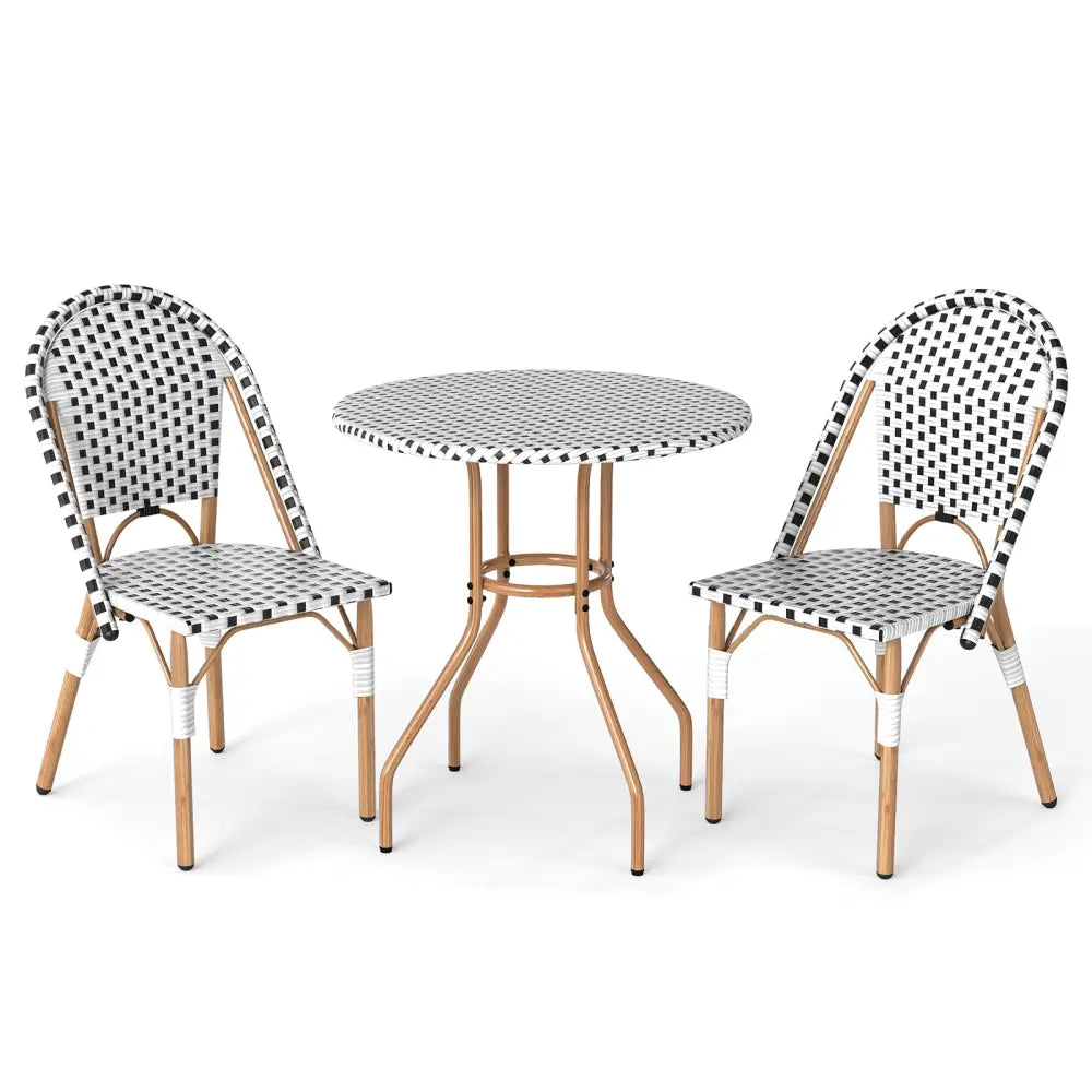 3 Piece French Bistro Table Chair Set with Outdoor Wicker Round Table and 2 Dining Chairs - White - Patio Dining Sets