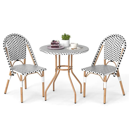 3 Piece French Bistro Table Chair Set with Outdoor Wicker Round Table and 2 Dining Chairs - White - Patio Dining Sets