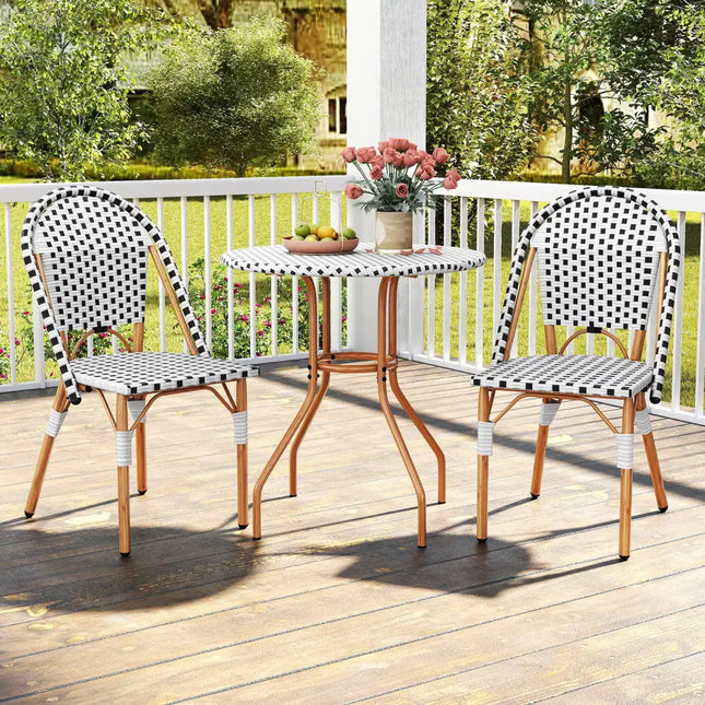 3 Piece French Bistro Table Chair Set with Outdoor Wicker Round Table and 2 Dining Chairs - White - Patio Dining Sets