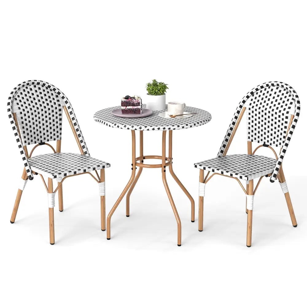 3 Piece French Bistro Table Chair Set with Outdoor Wicker Round Table and 2 Dining Chairs - White - Patio Dining Sets