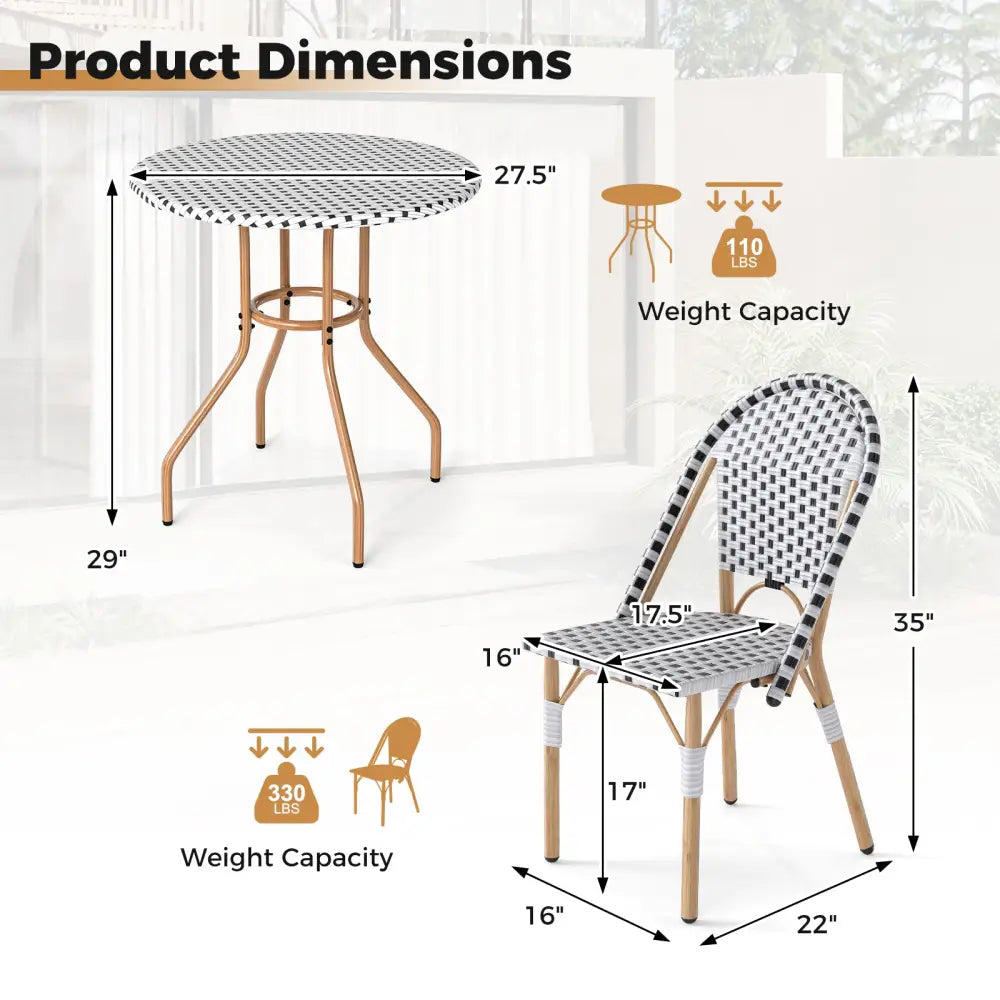 3 Piece French Bistro Table Chair Set with Outdoor Wicker Round Table and 2 Dining Chairs - White - Patio Dining Sets