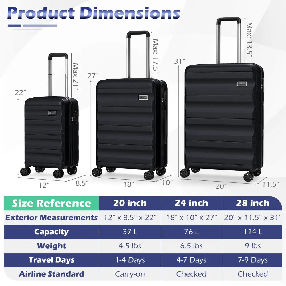 3-Piece Hardside Luggage Set 20/24/28 Inch Lightweight Hardside Suitcases-Black - Black - Camping