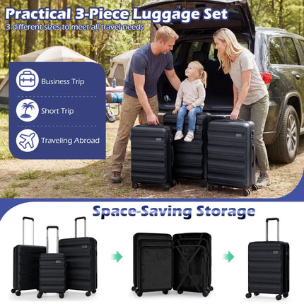 3-Piece Hardside Luggage Set 20/24/28 Inch Lightweight Hardside Suitcases-Black - Black - Camping