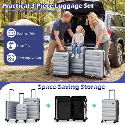 3-Piece Hardside Luggage Set 20/24/28 Inch Lightweight Hardside Suitcases-Gray - Gray - Camping