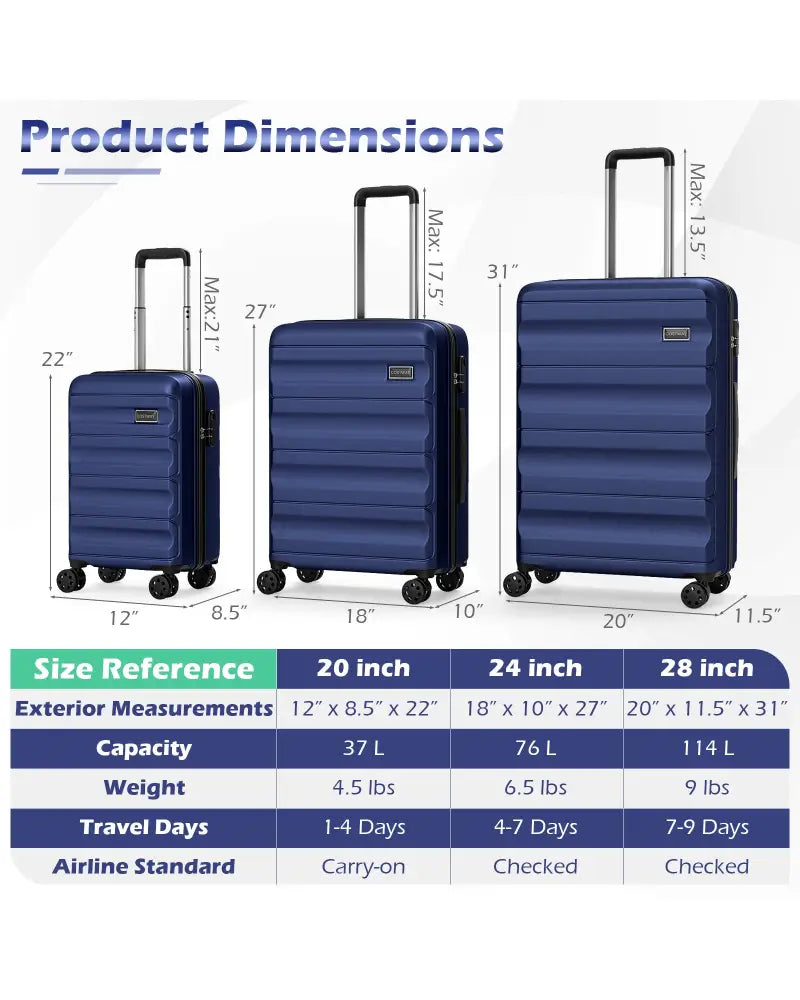 3-Piece Hardside Luggage Set 20/24/28 Inch Lightweight Hardside Suitcases-Navy - Navy - Camping