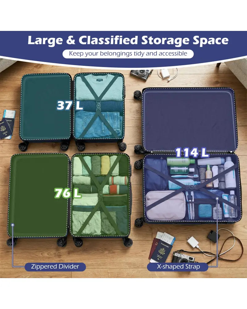 3-Piece Hardside Luggage Set 20/24/28 Inch Lightweight Hardside Suitcases-Navy - Navy - Camping