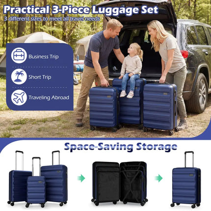 3-Piece Hardside Luggage Set 20/24/28 Inch Lightweight Hardside Suitcases-Navy - Navy - Camping