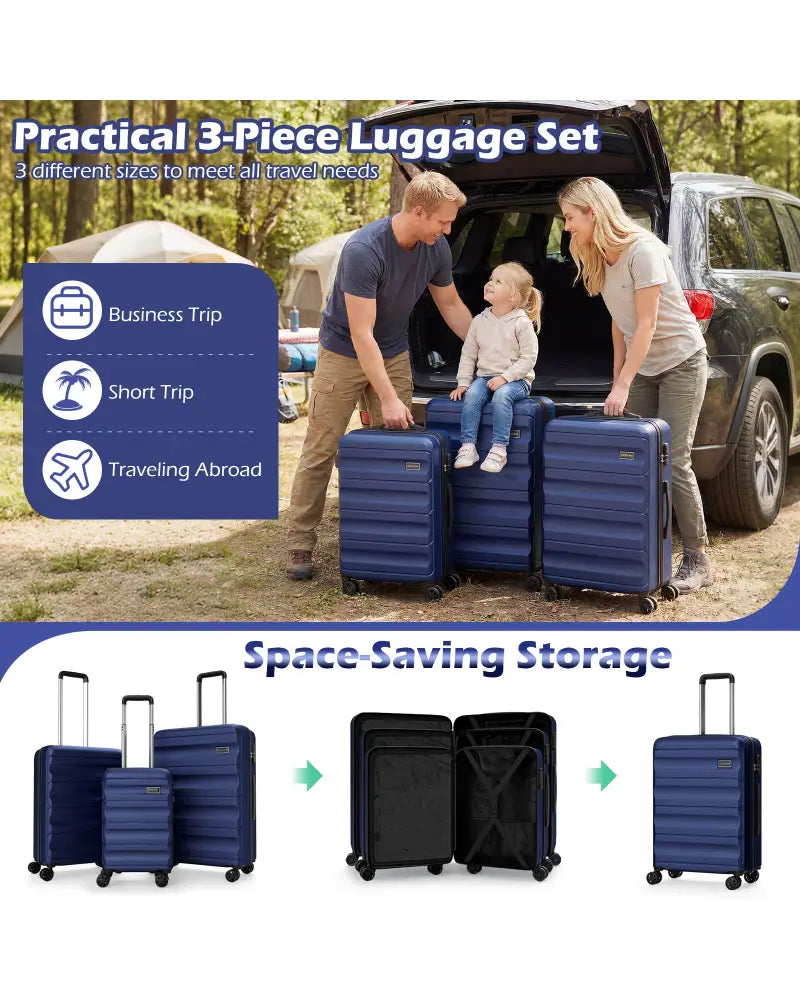 3-Piece Hardside Luggage Set 20/24/28 Inch Lightweight Hardside Suitcases-Navy - Navy - Camping