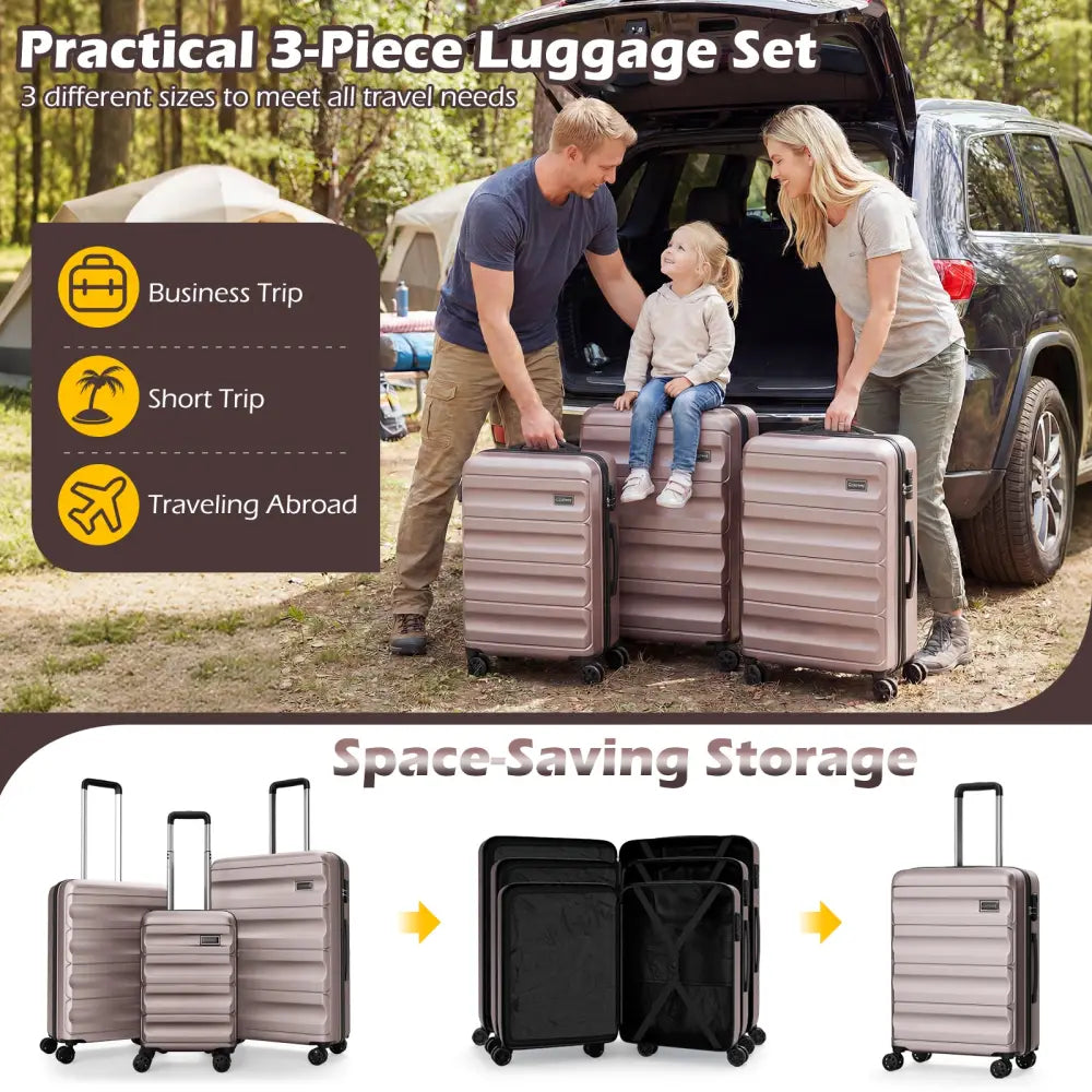 3-Piece Hardside Luggage Set 20/24/28 Inch Lightweight Hardside Suitcases-Pink - Pink - Camping