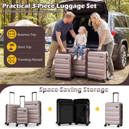 3-Piece Hardside Luggage Set 20/24/28 Inch Lightweight Hardside Suitcases-Pink - Pink - Camping