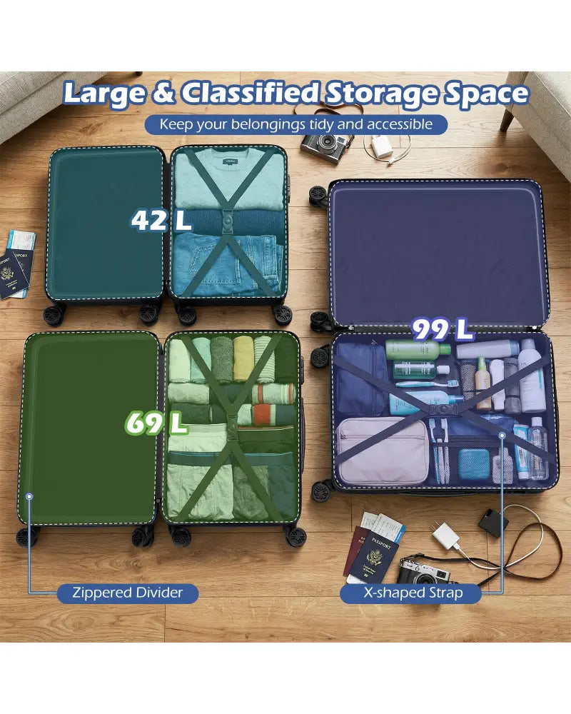 3-Piece Hardside Luggage Set (20/24/28 Inch) Lightweight with 3-Digital Lock-Black - Black - Camping