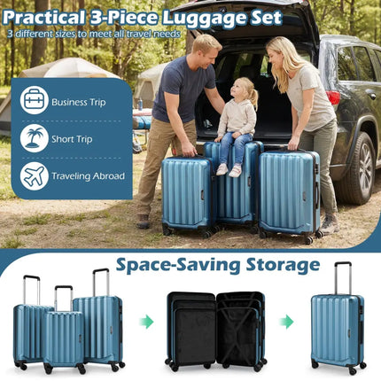 3-Piece Hardside Luggage Set (20/24/28 Inch) Lightweight with 3-Digital Lock-Blue - Blue - Camping