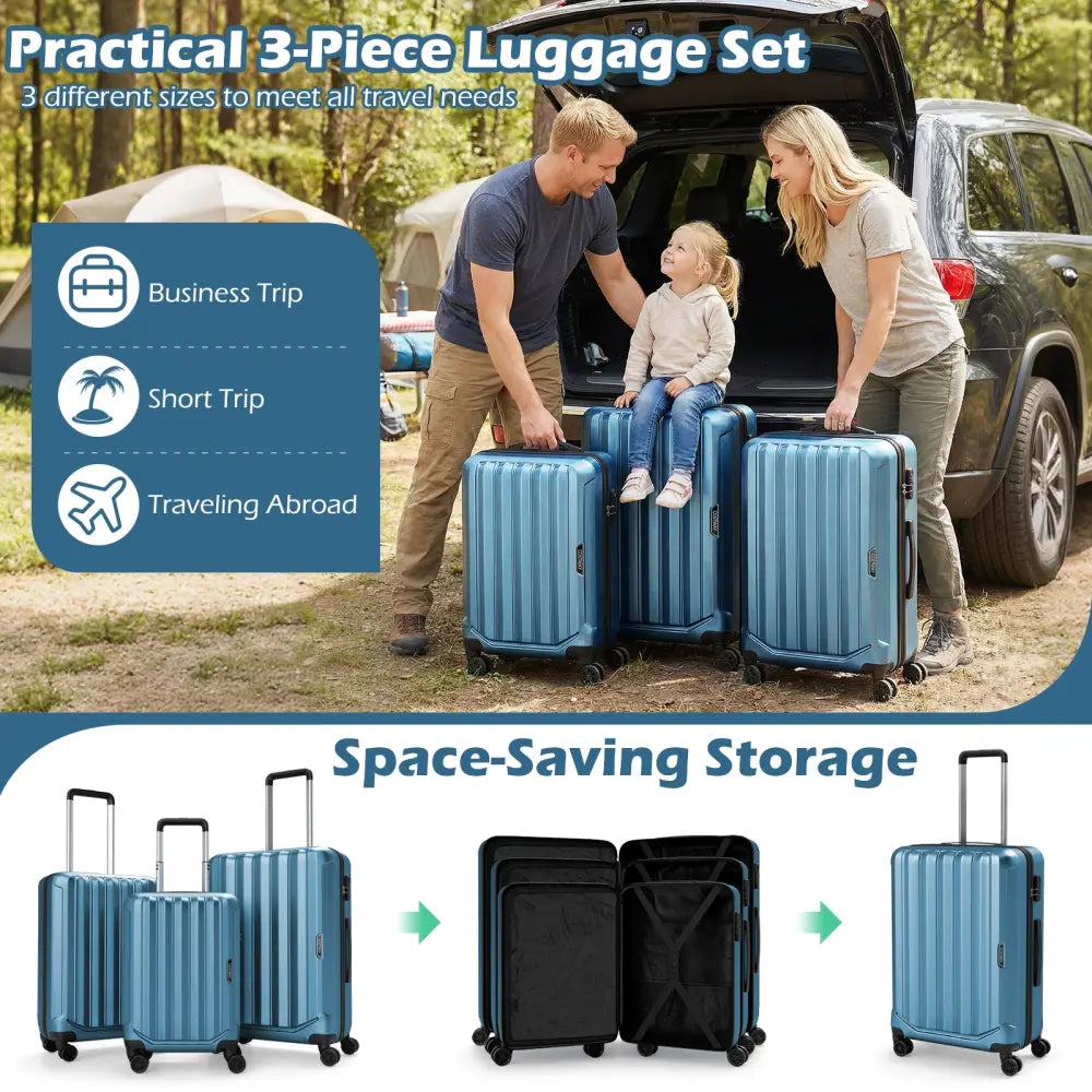 3-Piece Hardside Luggage Set (20/24/28 Inch) Lightweight with 3-Digital Lock-Blue - Blue - Camping