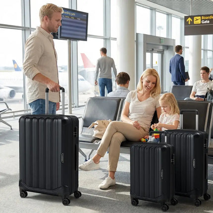 3-Piece Hardside Luggage Set (20/24/28 Inch) Lightweight with 3-Digital Lock-Black - Black - Camping
