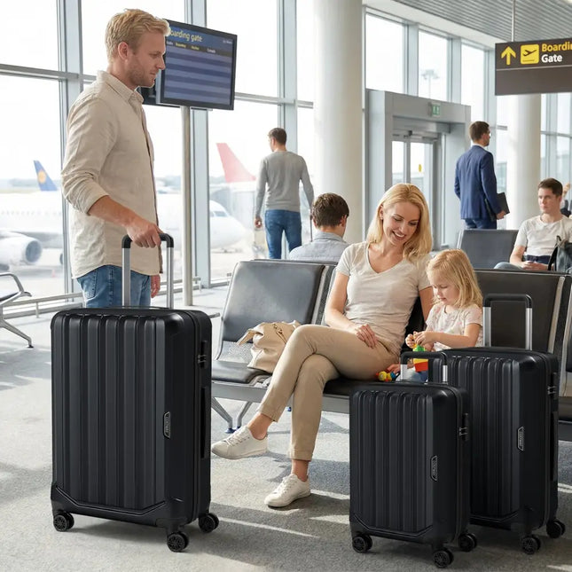 3-Piece Hardside Luggage Set (20/24/28 Inch) Lightweight with 3-Digital Lock-Black - Black - Camping