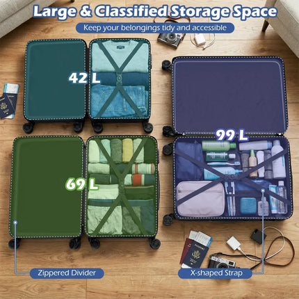 3-Piece Hardside Luggage Set (20/24/28 Inch) Lightweight with 3-Digital Lock-Black - Black - Camping