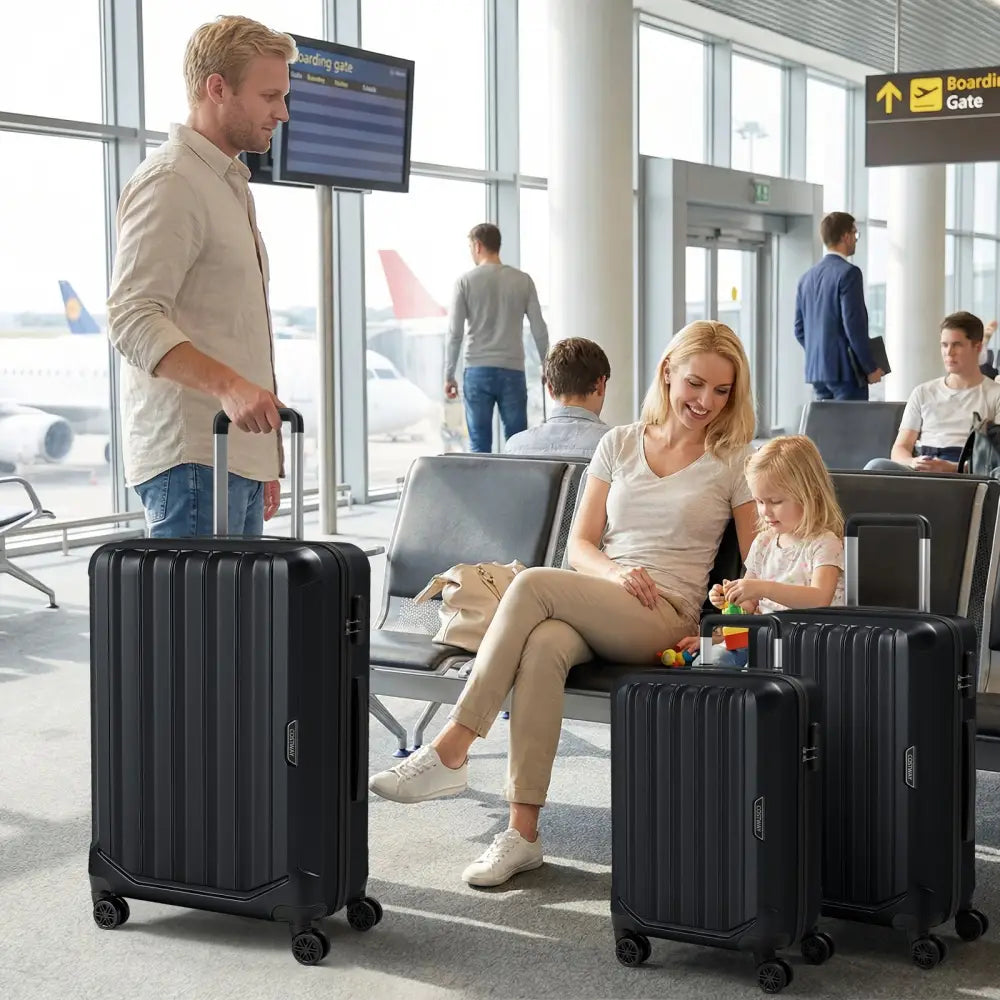 3-Piece Hardside Luggage Set (20/24/28 Inch) Lightweight with 3-Digital Lock-Black - Black - Camping