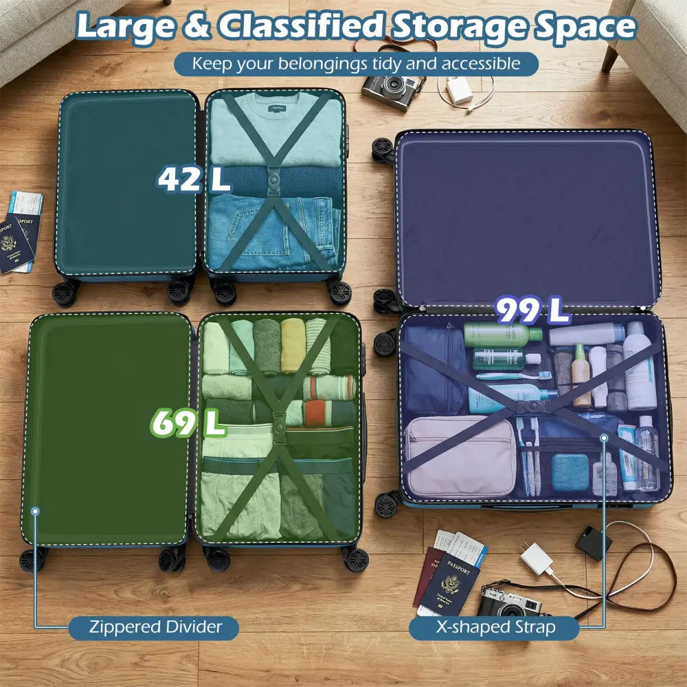 3-Piece Hardside Luggage Set (20/24/28 Inch) Lightweight with 3-Digital Lock-Blue - Blue - Camping
