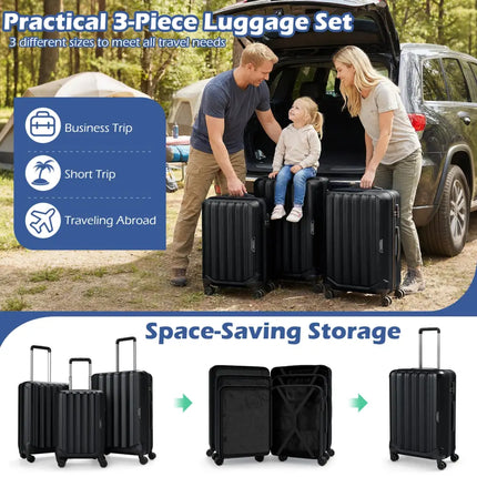 3-Piece Hardside Luggage Set (20/24/28 Inch) Lightweight with 3-Digital Lock-Black - Black - Camping