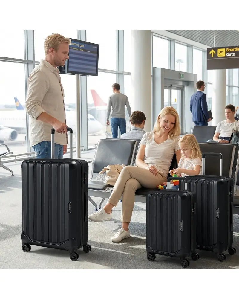 3-Piece Hardside Luggage Set (20/24/28 Inch) Lightweight with 3-Digital Lock-Black - Black - Camping