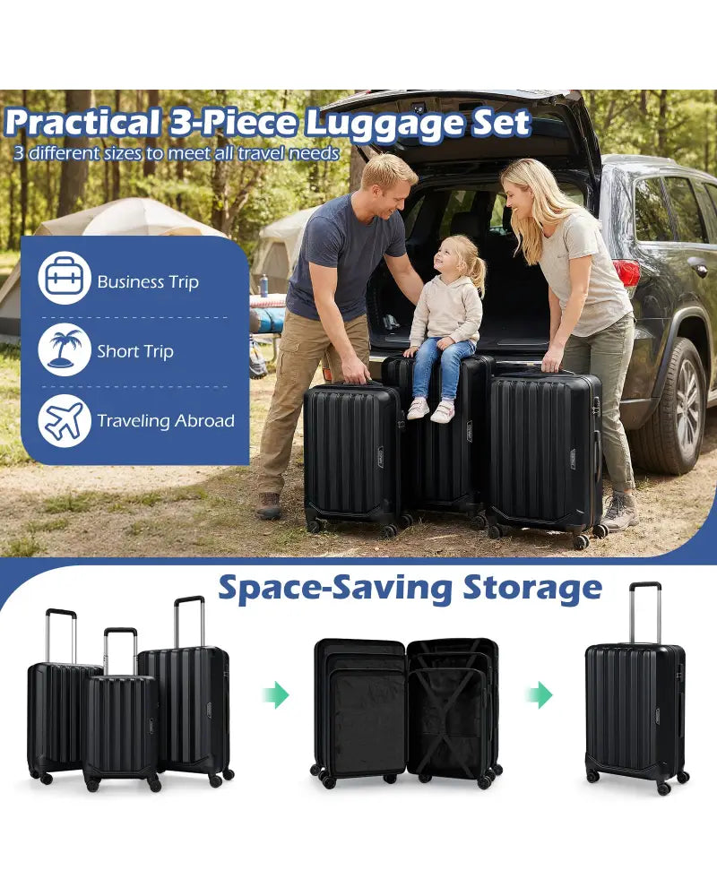 3-Piece Hardside Luggage Set (20/24/28 Inch) Lightweight with 3-Digital Lock-Black - Black - Camping