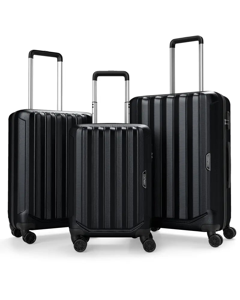 3-Piece Hardside Luggage Set (20/24/28 Inch) Lightweight with 3-Digital Lock-Black - Black - Camping