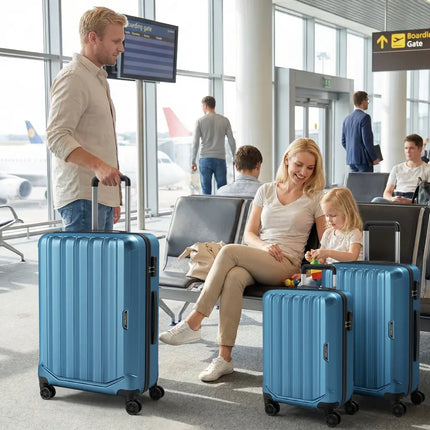 3-Piece Hardside Luggage Set (20/24/28 Inch) Lightweight with 3-Digital Lock-Blue - Blue - Camping