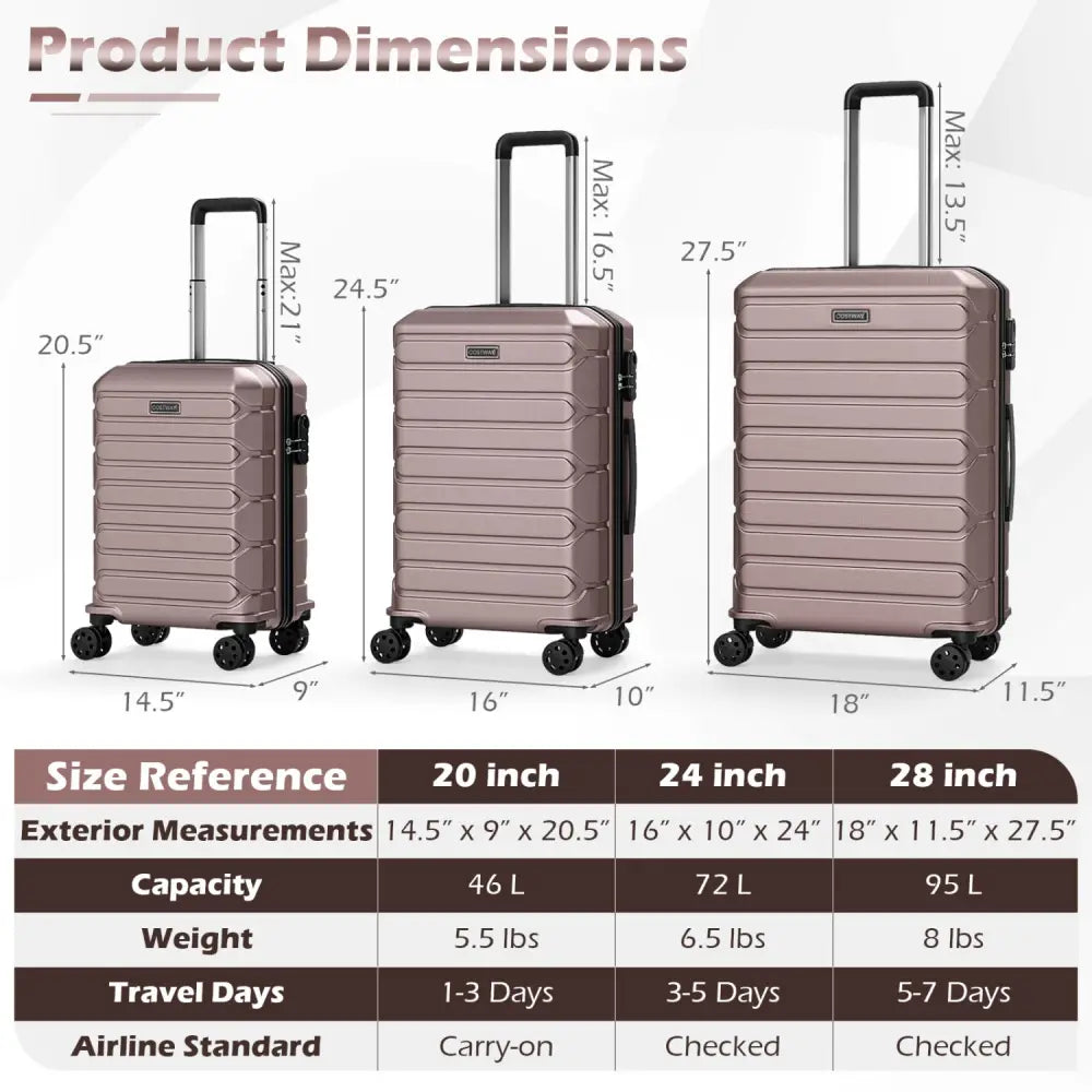 3-Piece Hardside Luggage Set Lightweight Hardside Suitcases with 8-Spinner Wheels-Pink - Pink - Camping
