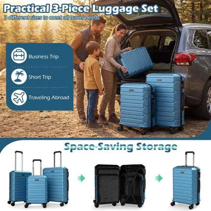 3-Piece Hardside Luggage Set Lightweight Hardside Suitcases with 8-Spinner Wheels-Blue - Blue - Camping