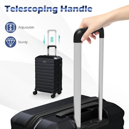 3-Piece Hardside Luggage Set Lightweight Hardside Suitcases with 8-Spinner Wheels-Black - Black - Camping