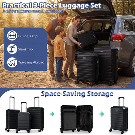 3-Piece Hardside Luggage Set Lightweight Hardside Suitcases with 8-Spinner Wheels-Black - Black - Camping