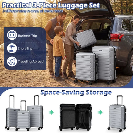3-Piece Hardside Luggage Set Lightweight Hardside Suitcases with 8-Spinner Wheels-Grey - Gray - Camping