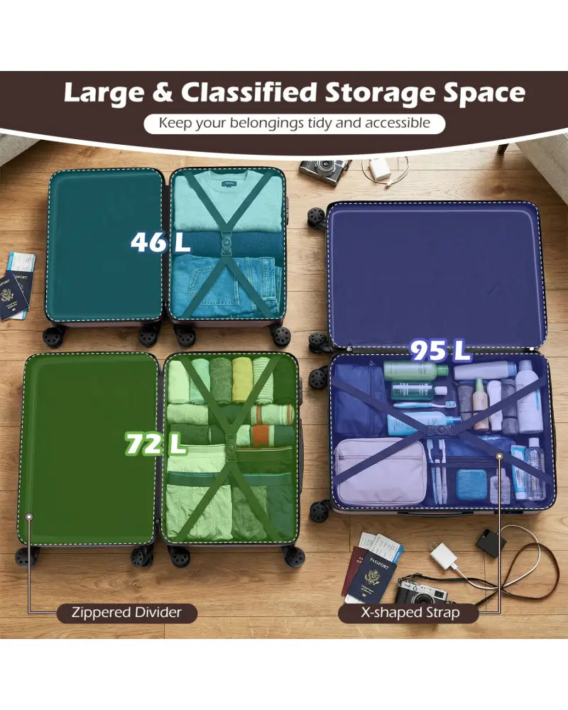 3-Piece Hardside Luggage Set Lightweight Hardside Suitcases with 8-Spinner Wheels-Pink - Pink - Camping