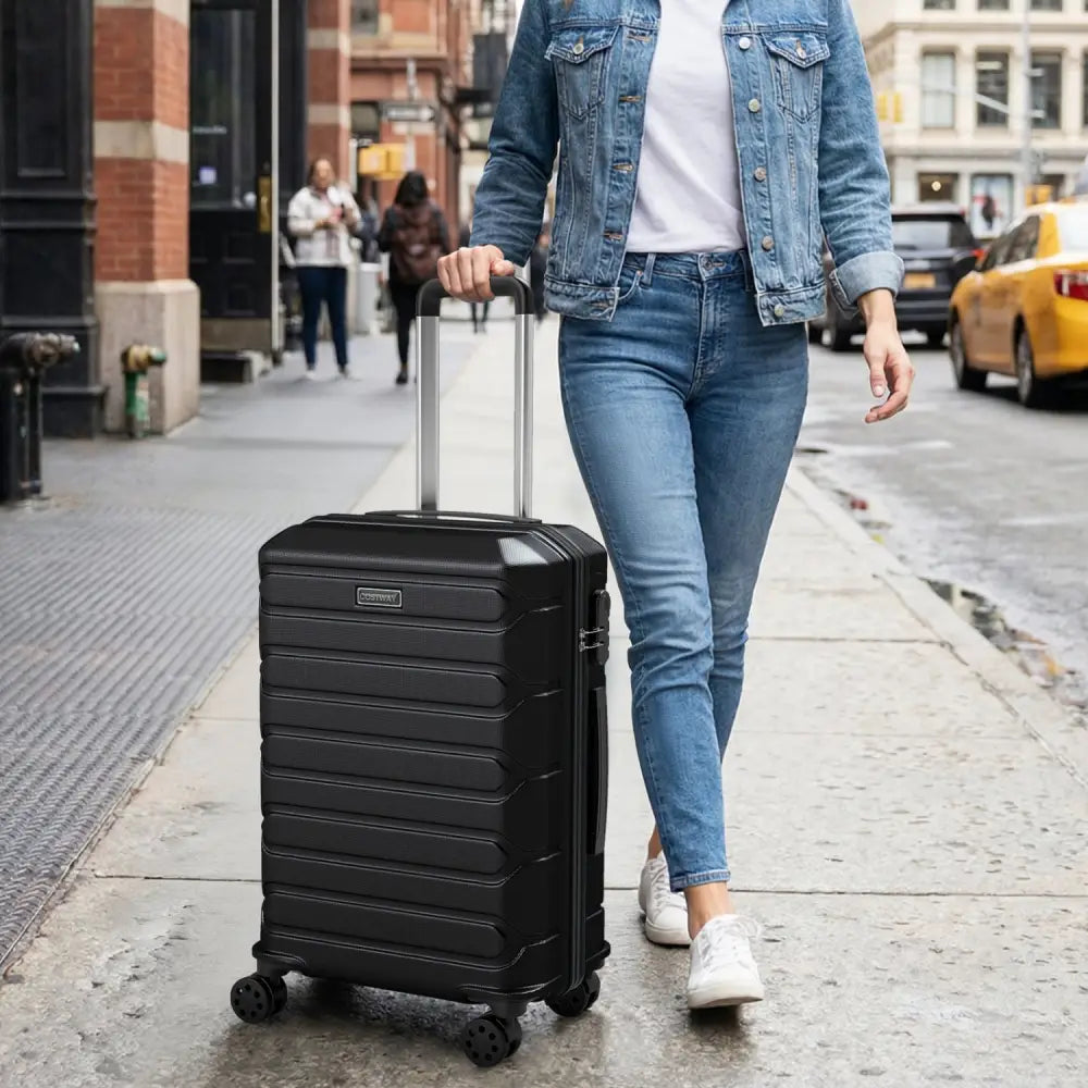 3-Piece Hardside Luggage Set Lightweight Hardside Suitcases with 8-Spinner Wheels-Black - Black - Camping