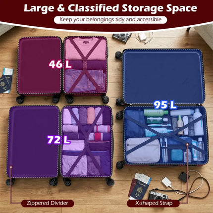 3-Piece Hardside Luggage Set Lightweight Hardside Suitcases with 8-Spinner Wheels-Red - Red - Camping