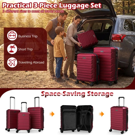 3-Piece Hardside Luggage Set Lightweight Hardside Suitcases with 8-Spinner Wheels-Red - Red - Camping