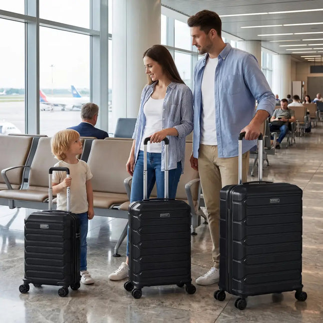 3-Piece Hardside Luggage Set Lightweight Hardside Suitcases with 8-Spinner Wheels-Black - Black - Camping