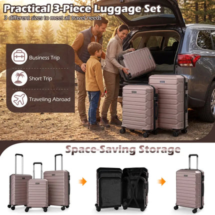 3-Piece Hardside Luggage Set Lightweight Hardside Suitcases with 8-Spinner Wheels-Pink - Pink - Camping