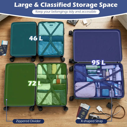 3-Piece Hardside Luggage Set Lightweight Hardside Suitcases with 8-Spinner Wheels-Navy - Navy - Camping