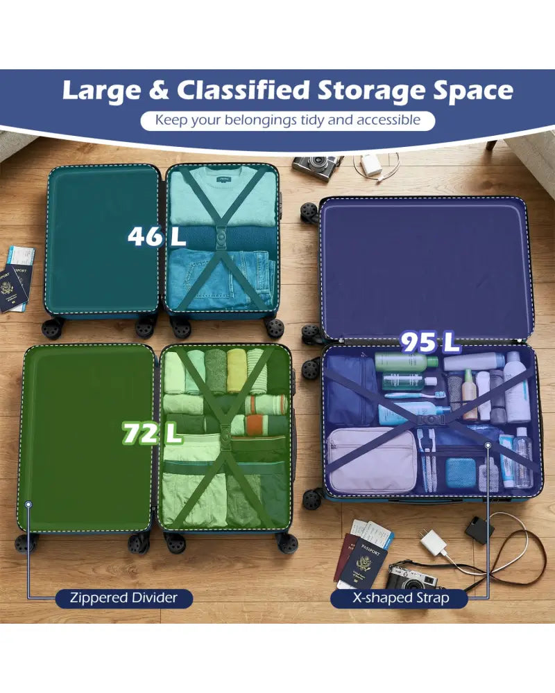 3-Piece Hardside Luggage Set Lightweight Hardside Suitcases with 8-Spinner Wheels-Navy - Navy - Camping