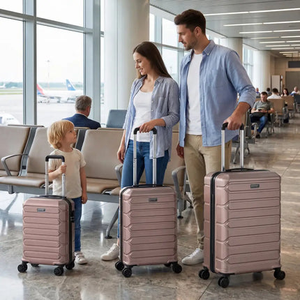 3-Piece Hardside Luggage Set Lightweight Hardside Suitcases with 8-Spinner Wheels-Pink - Pink - Camping