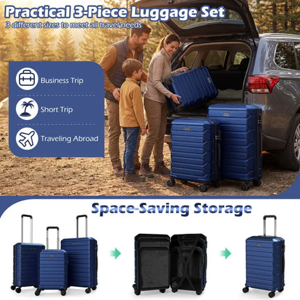 3-Piece Hardside Luggage Set Lightweight Hardside Suitcases with 8-Spinner Wheels-Navy - Navy - Camping
