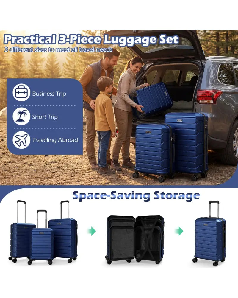 3-Piece Hardside Luggage Set Lightweight Hardside Suitcases with 8-Spinner Wheels-Navy - Navy - Camping